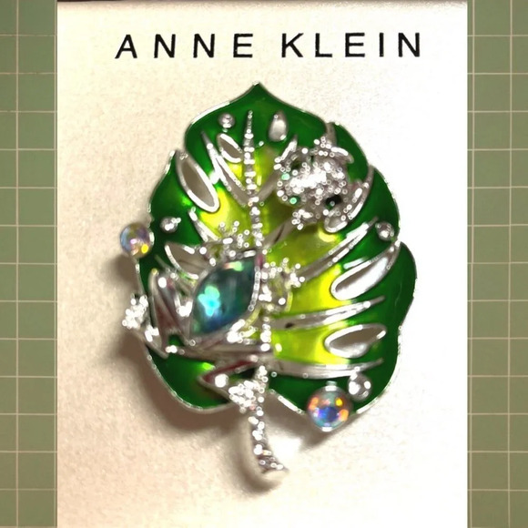Anne Klein Green Leaf Abalone Detail Silver Frog Pave Accent Lapel Brooch Pin - Picture 1 of 4